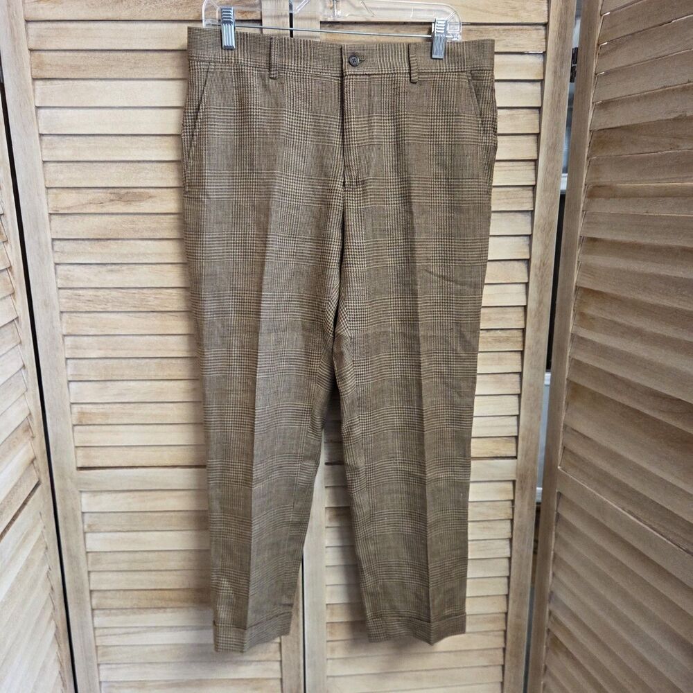 Polo Ralph Lauren Brown Glen Plaid Pants Wool Linen Blend Size 32 X 26 1/2